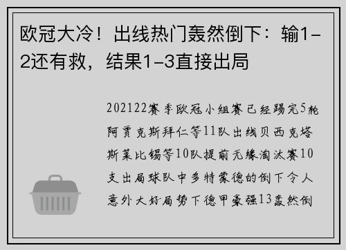 欧冠大冷！出线热门轰然倒下：输1-2还有救，结果1-3直接出局
