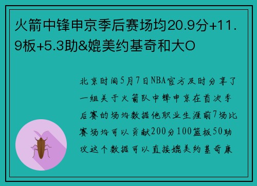 火箭中锋申京季后赛场均20.9分+11.9板+5.3助&媲美约基奇和大O